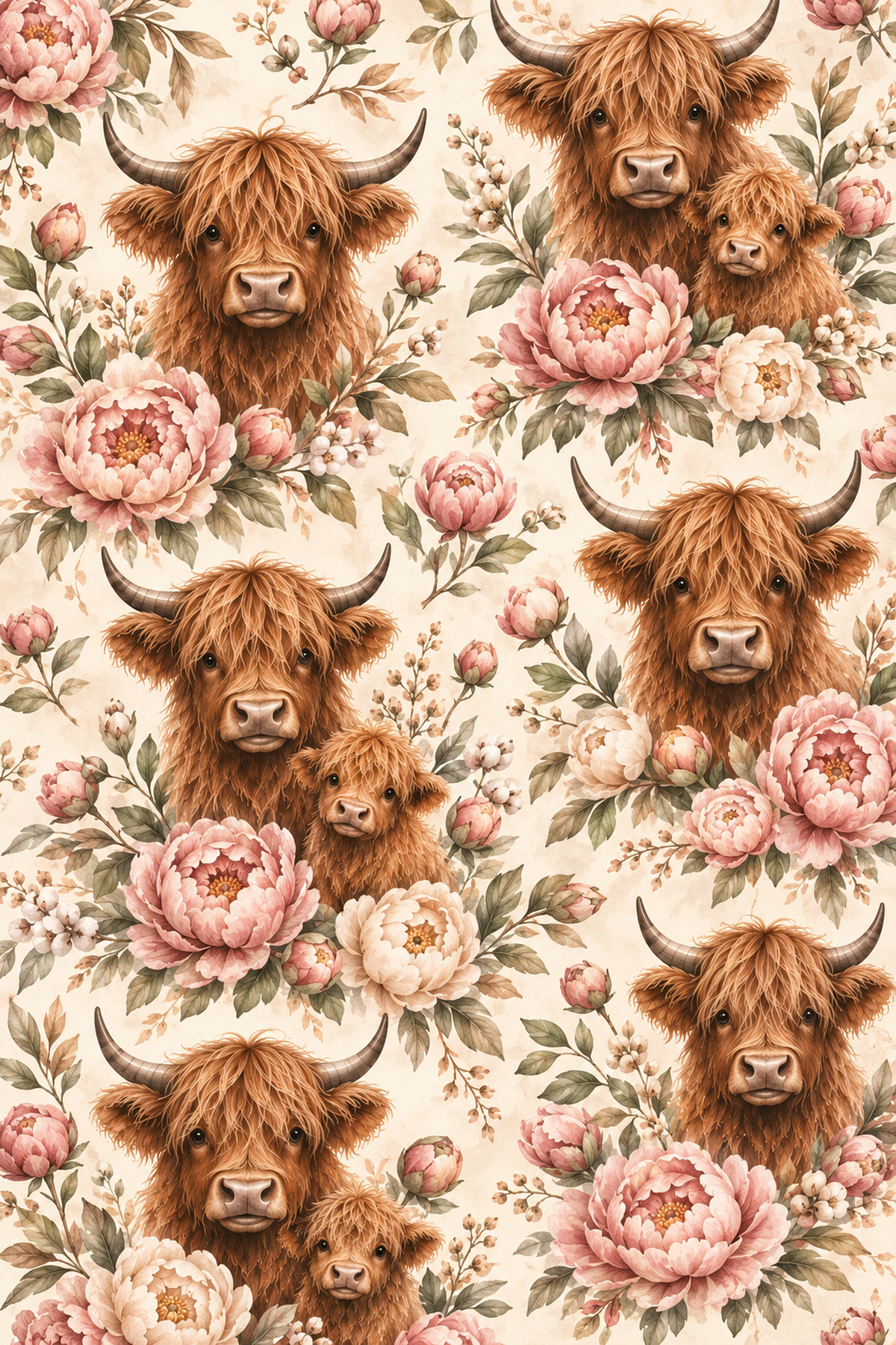 Vaches Highland et pivoines