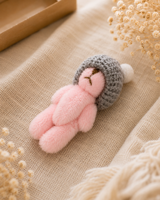 Peluche Minuscule - rose avec bonnet gris