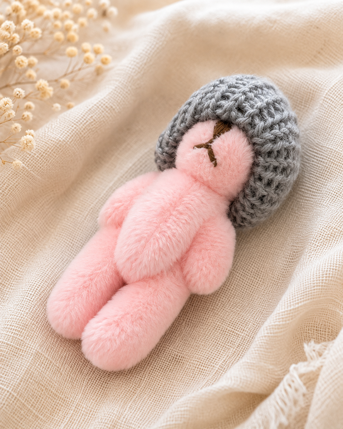 Peluche Minuscule - rose avec bonnet gris