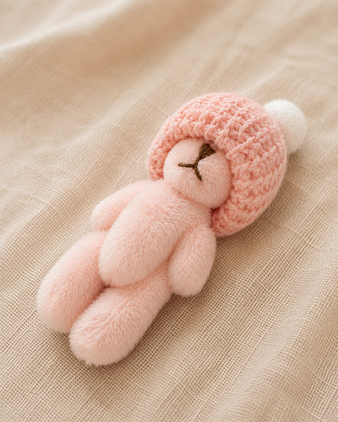 Peluche Minuscule - rose avec bonnet rose