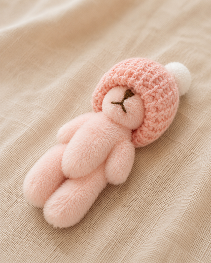 Peluche Minuscule - rose avec bonnet rose