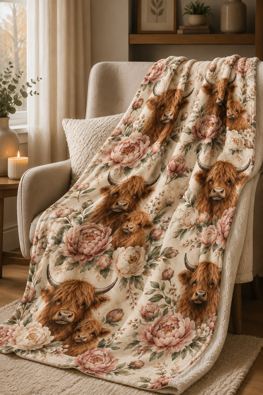 Couverture Squish adulte – Vaches Highland et pivoines