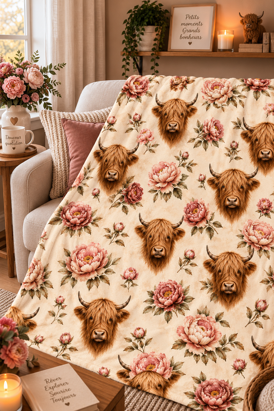 Couverture Squish adulte – Vaches Highland en fleurs