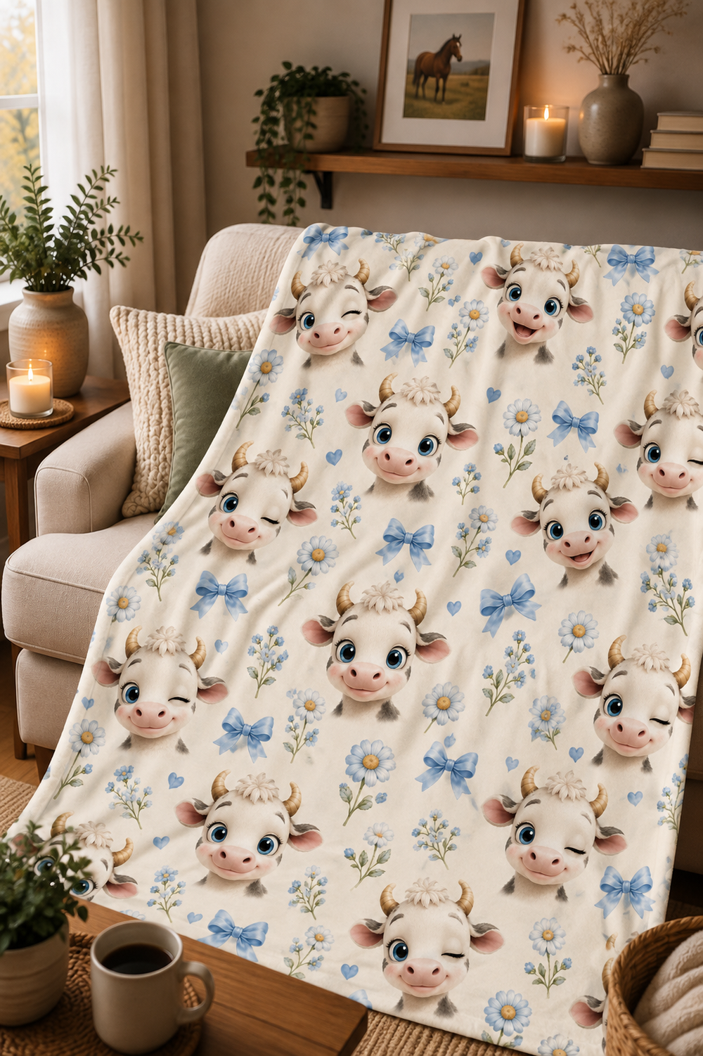 Couverture Squish enfant – Petites vaches coquettes - bleu