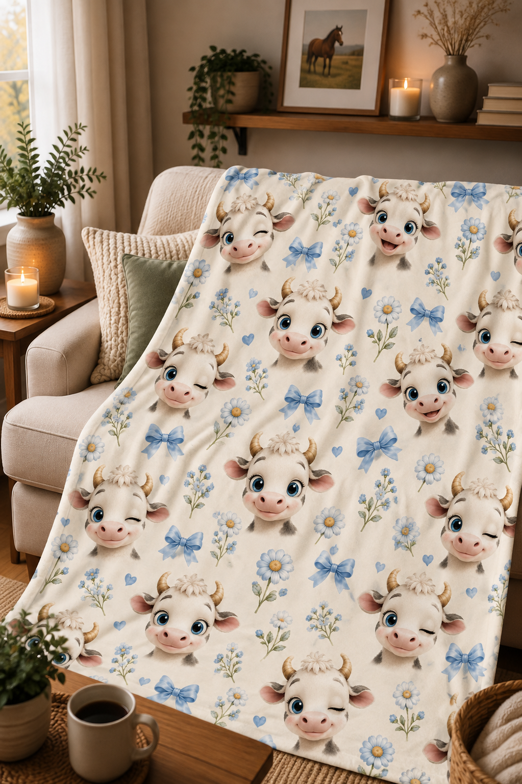 Couverture Squish enfant – Petites vaches coquettes - bleu
