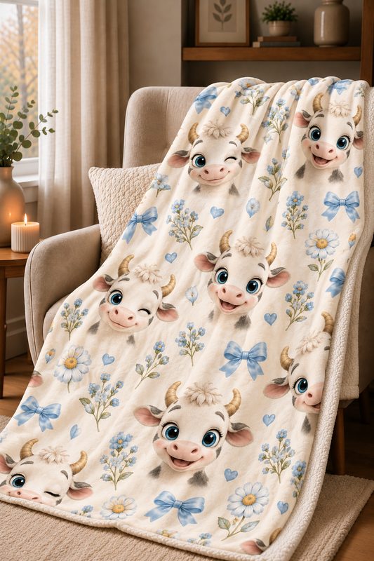 Couverture Squish enfant – Petites vaches coquettes - bleu