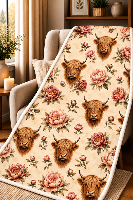 Couverture Squish adulte – Vaches Highland en fleurs